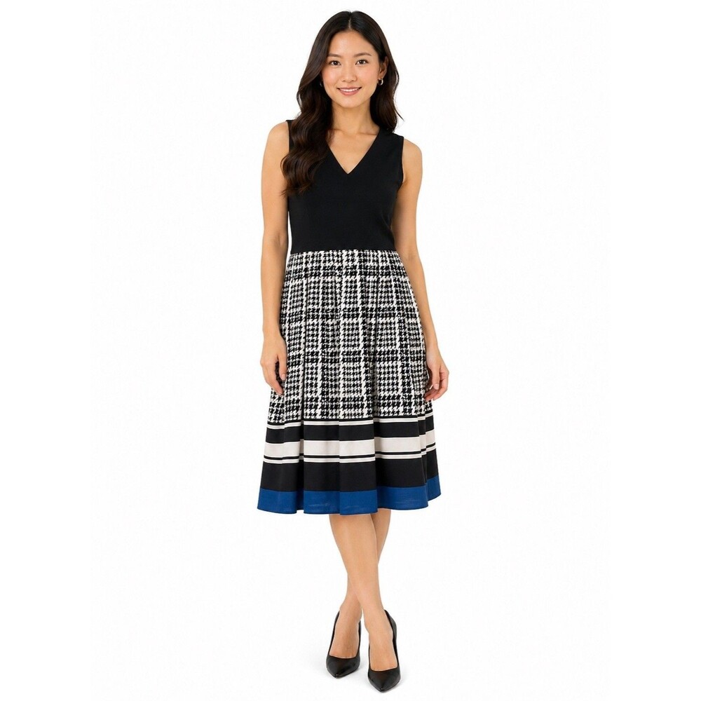 eShakti Black White Dress Houndstooth Fit & Flare Blue Hem Sleeveless Size 0